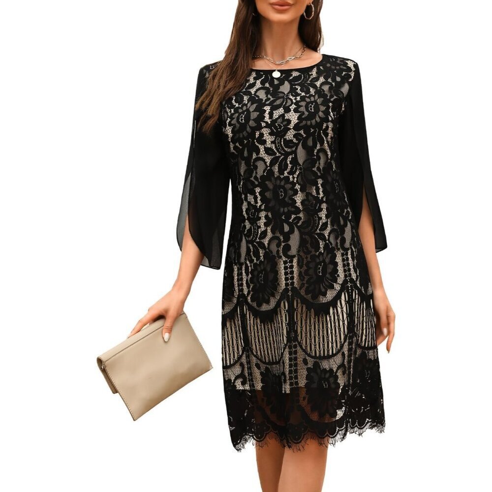 Women,Cocktail Dress for Weddings as a Guest Lace Chiffon Evening Dress